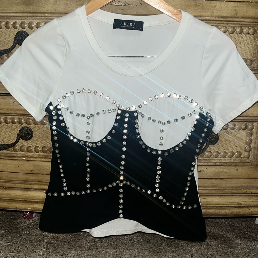 AKIRA RHINESTONE CORSET LOOK T SHIRT S